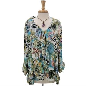 Agora Boho Button Ruffle V-Neck 3/4 Sleeve Floral Multicolor Blouse Women's 2X